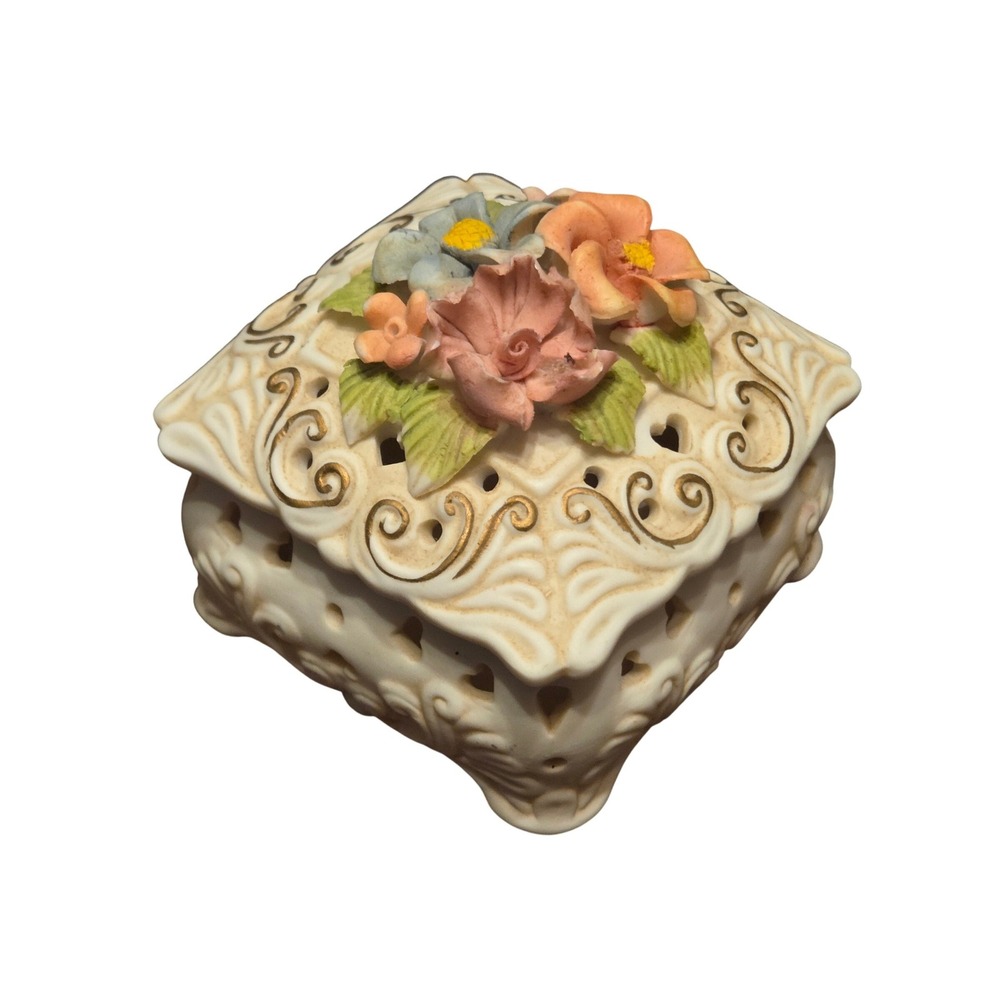 Floral Porcelain Trinket Box Small Cream Gold Lattice Heart Cutout Hand Paintedβ